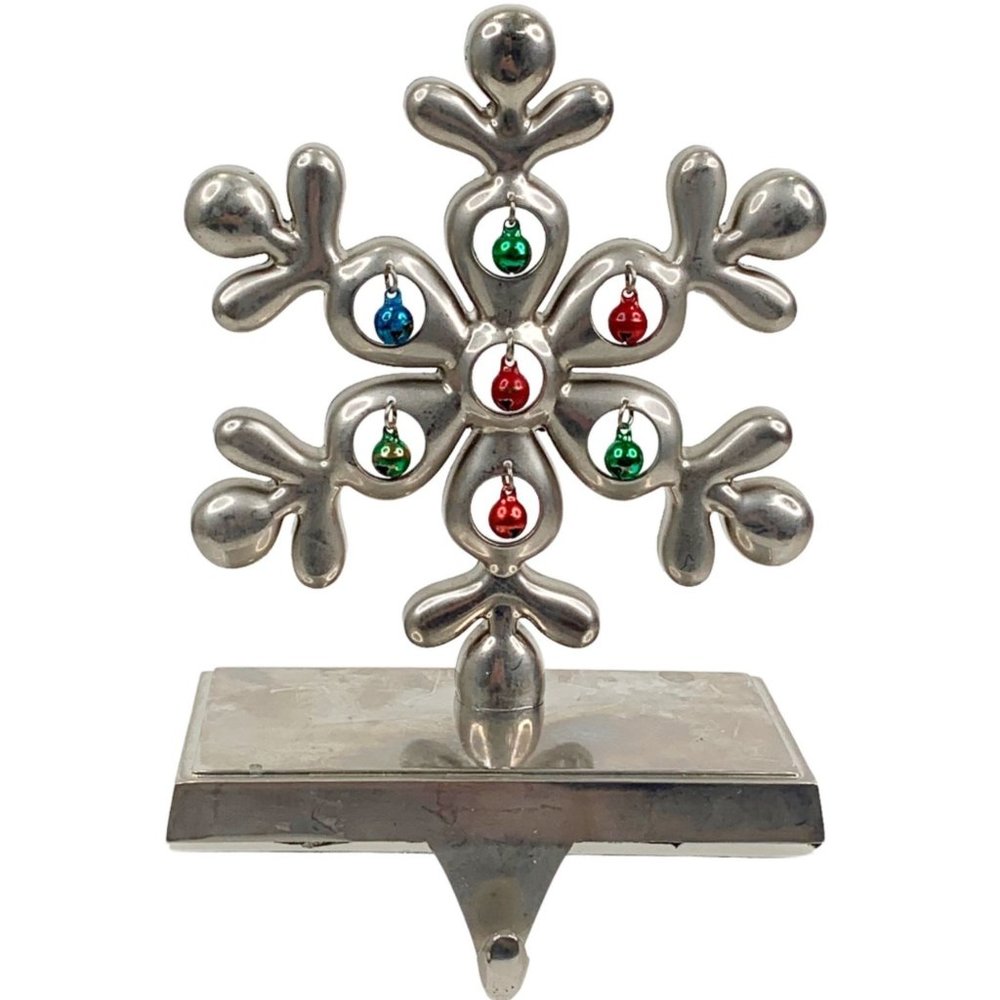 *SOLD* Christmas Stocking Hanger Snow Flake 6” Dangling Jewels Silver Tone Heavy - Picture 1 of 7